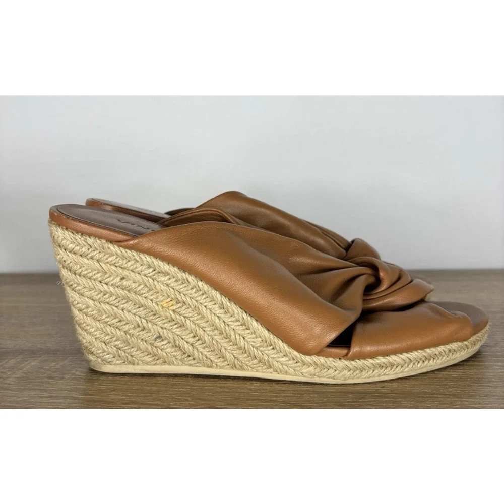 Vince Leather Espadrille Wedge Slide Sandals Brown Twist Knot US 9 EU 39